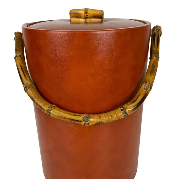 Vintage Vinyl Tropical Wood Handle Ice Bucket With Lid Barware Tiki Man Cave - Picture 2 of 9